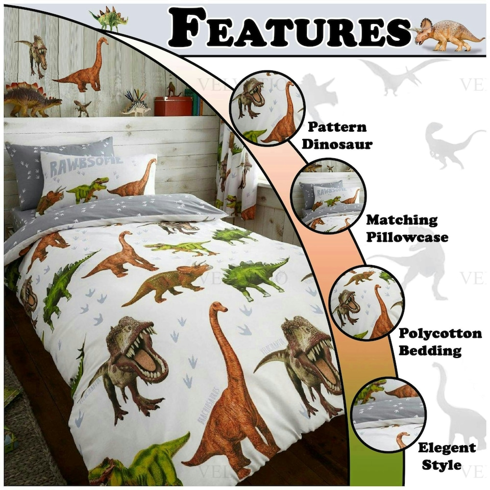 image 1 of VELVETIO Dinosaur Duvet Cover Set Soft Polycotton Kids Beddings Multi | Single