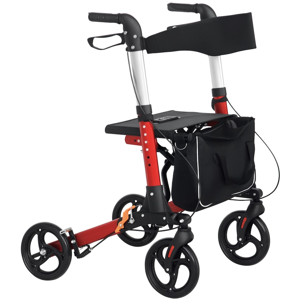 image 1 of HOMCOM Folding Rollator Walker with Seat and Backrest, Lightweight Walking Frame with Detachable Storage Bag, Dual Brakes, Adjustable Handle Height, 4 Wheeled Walker for Seniors, Handicapped, Red