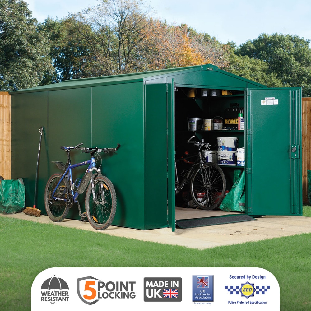 ASGARD Gladiator Secured by Design High Security metal garden shed in GREEN with full metal floor and 5 point locking (7 x 14)