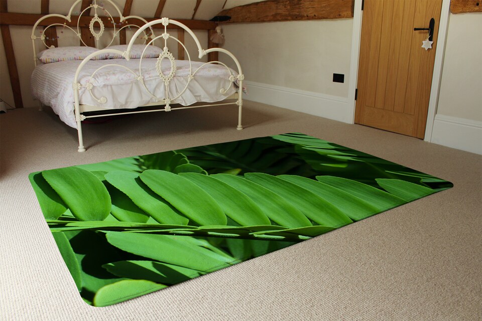 image 1 of Natural Dark Green Leaves, Long Slender Green Leaves Designer Rug | Multi