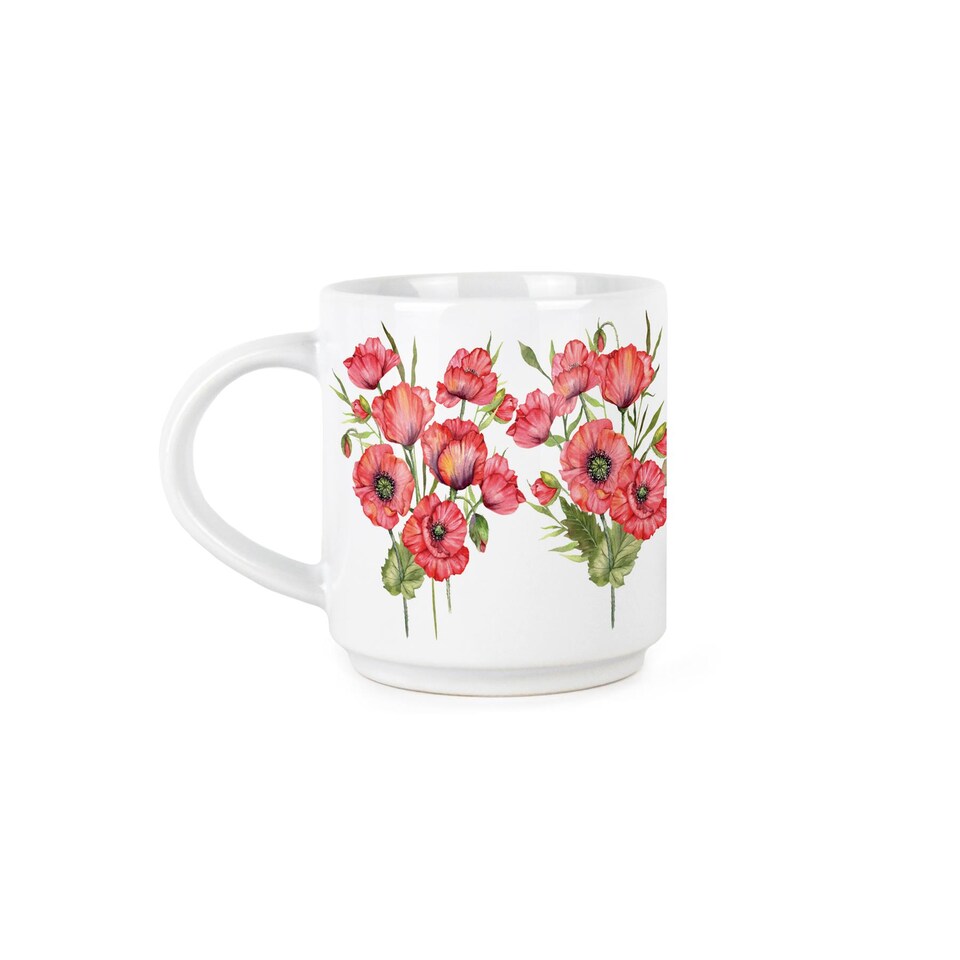 image 1 of Red Poppies Stacking Mugs Set - Floral Presents for Her - Set of 4 Ceramic Mugs Gift Set with Metal Stand | White