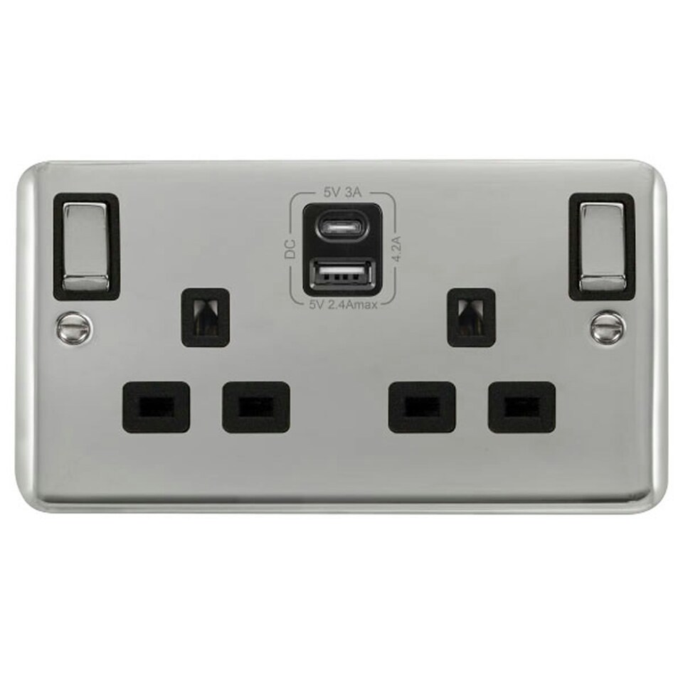 SE HOME Curved Polished Chrome 2 Gang 13A DP Ingot Type A & C USB Twin Double Switched Plug Socket Black | Polished Chrome