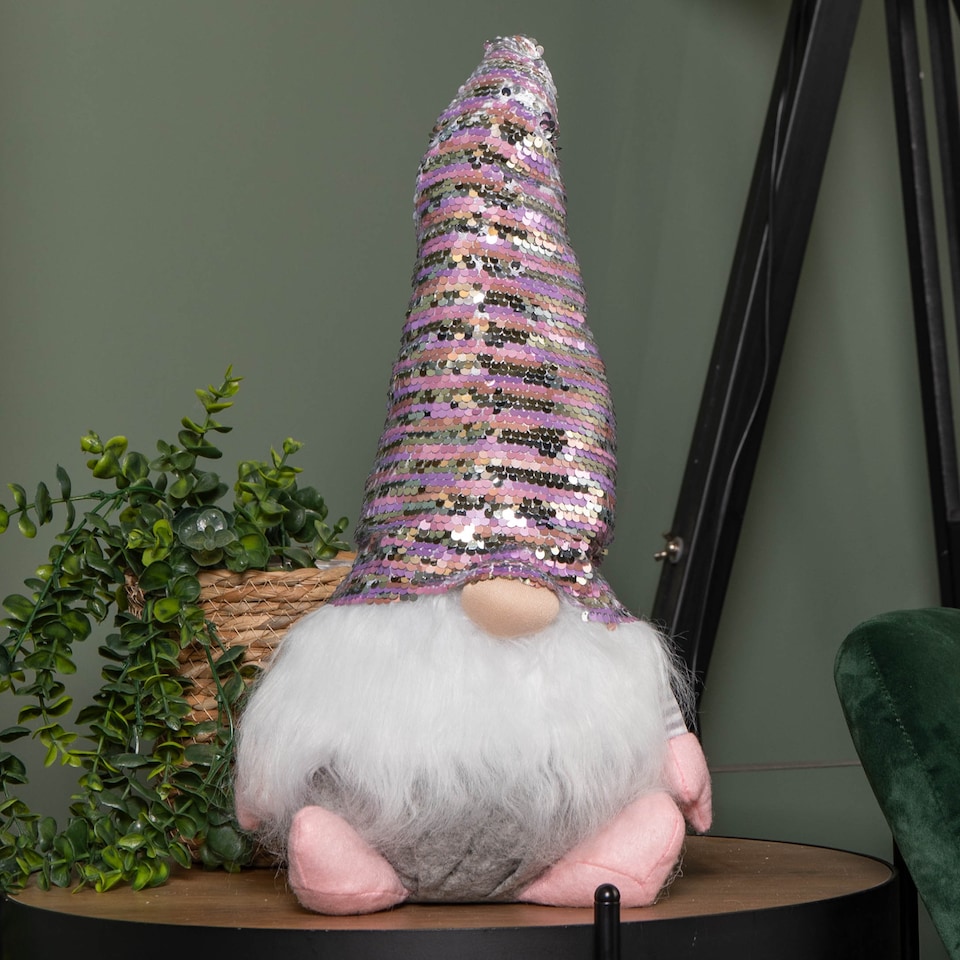image 1 of 46cm Plush Christmas Bearded Gonk with Pink & Silver Sequined Hat Christmas Decoration