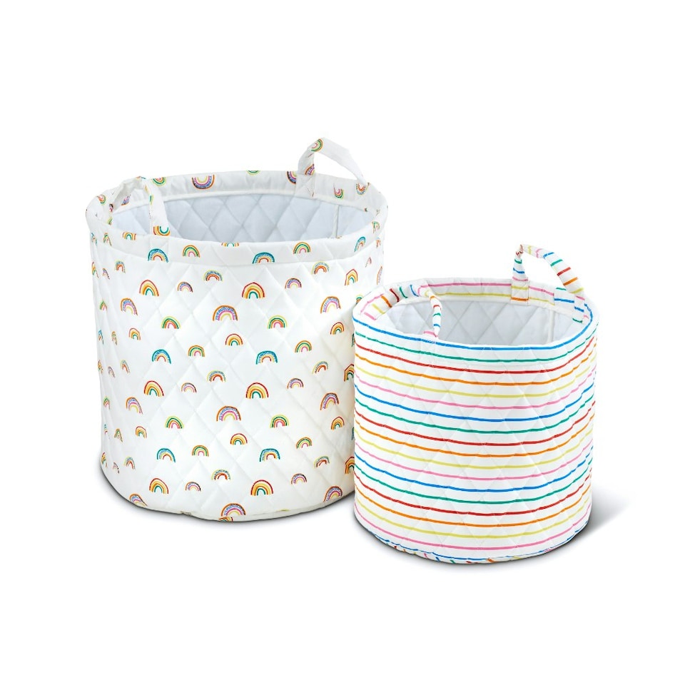 image 1 of Quilted Storage Baskets – Pack of 2 Stylish Cotton Baskets for Toys, Nursery, Bedroom & Living Room Organisation (Rainbow Dreams)