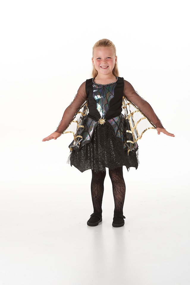 image 1 of Girls Shimmering Spider Costume + Tights Halloween Fancy Dress Scary Kids Childs (4-6 Years)