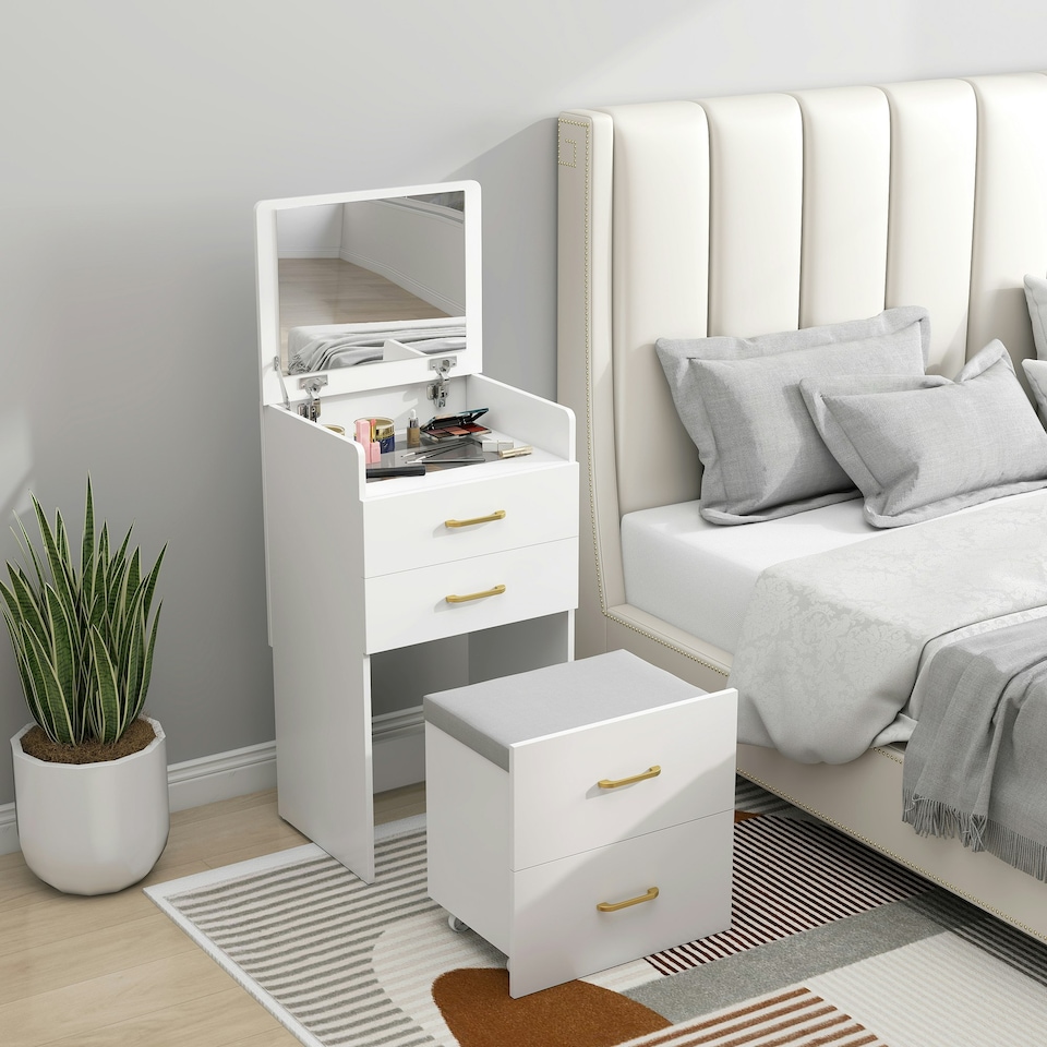 image 1 of HOMCOM 3 in 1 Dressing Table Vanity Desk with Mirror and Cushioned Stool White