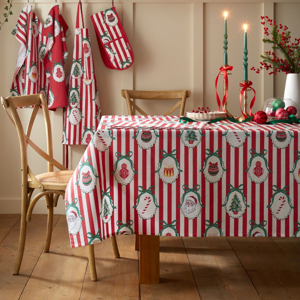 image 1 of Catherine Lansfield Christmas Vintage Stripe Cotton Table Cloth