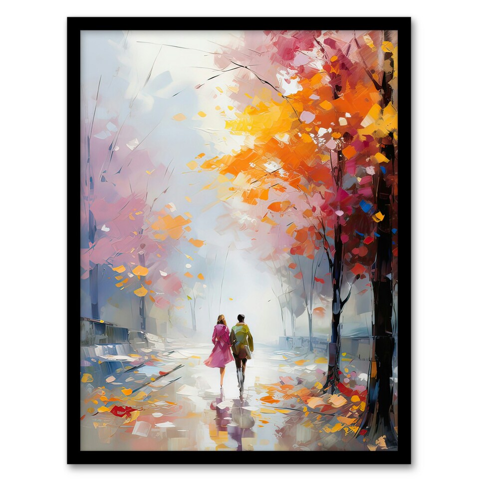 image 1 of Lovers Autumn Walk Oil Orange Pink Couple Black Framed Wall Art Print A4