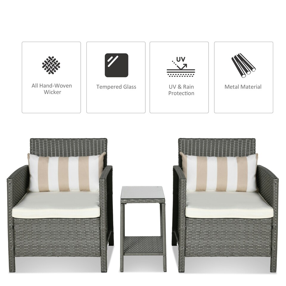 image 1 of Outsunny 3 PC Outdoor Rattan Sofa Set with Chairs Coffee Table Cushion