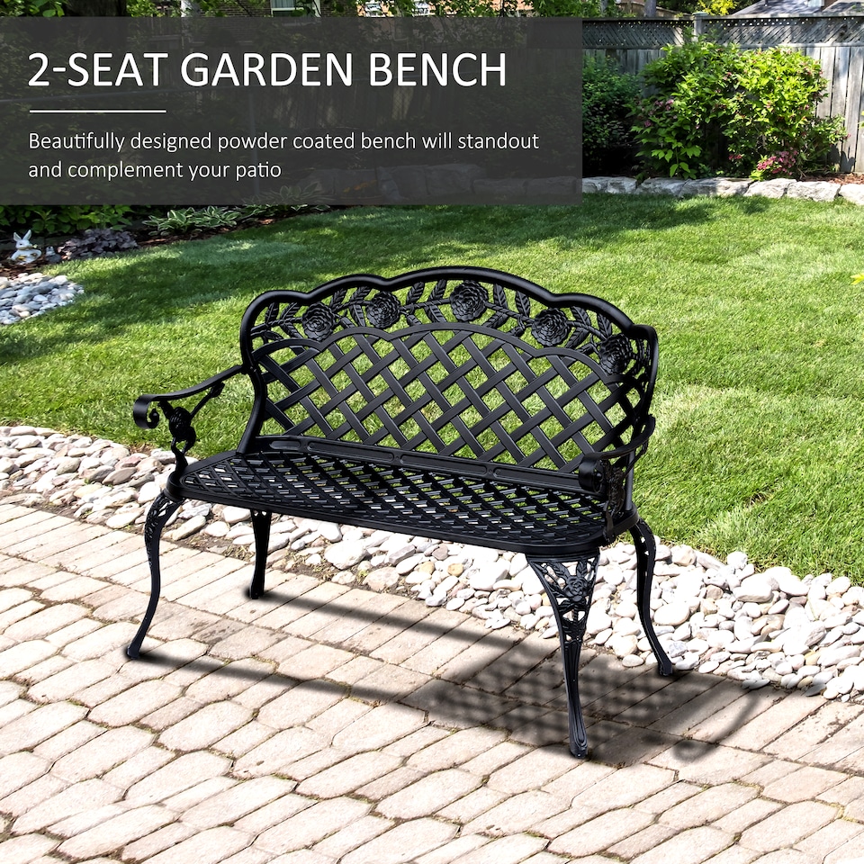 image 1 of Outsunny Cast Aluminium Garden Bench Outdoor Patio 2 Seater High Back Chair Armrest Antique Style Black