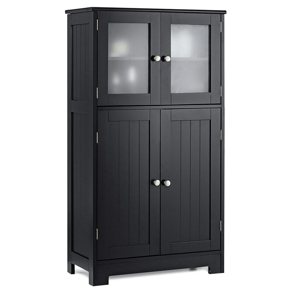 image 1 of COSTWAY 4-Door Bathroom Floor Cabinet Storage Cabine Black Black