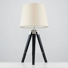 ValueLights Clipper Black Wood and Silver Chrome Tripod Table Lamp with Beige Tapered Light Shade with 6w LED GLS Bulb