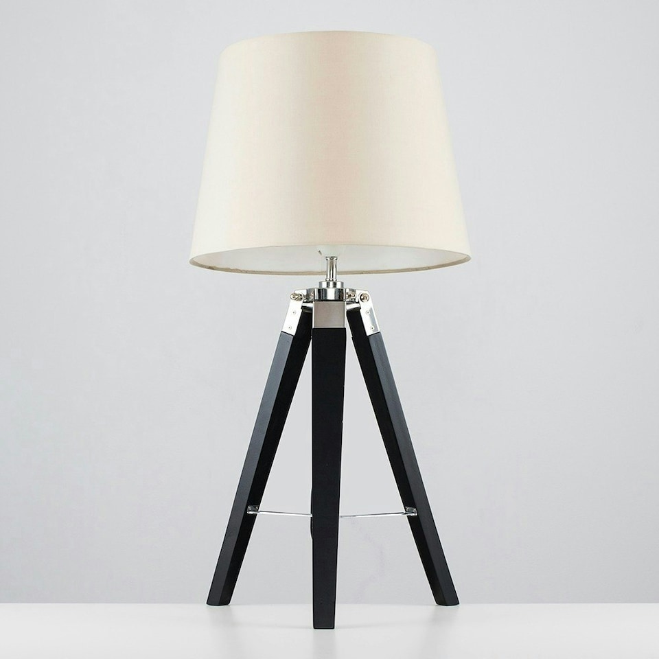 image 1 of ValueLights Clipper Black Wood and Silver Chrome Tripod Table Lamp with Beige Tapered Light Shade with 6w LED GLS Bulb