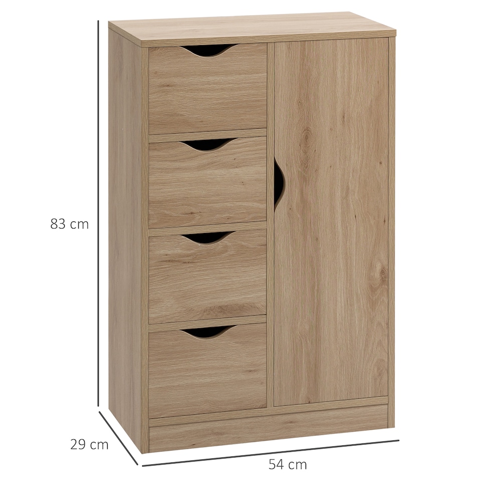 image 1 of HOMCOM Bathroom Floor Cabinet, Freestanding Storage Unit with 4 Drawers and Door Cupboard for Living Room, Kitchen, Bedroom, Natural