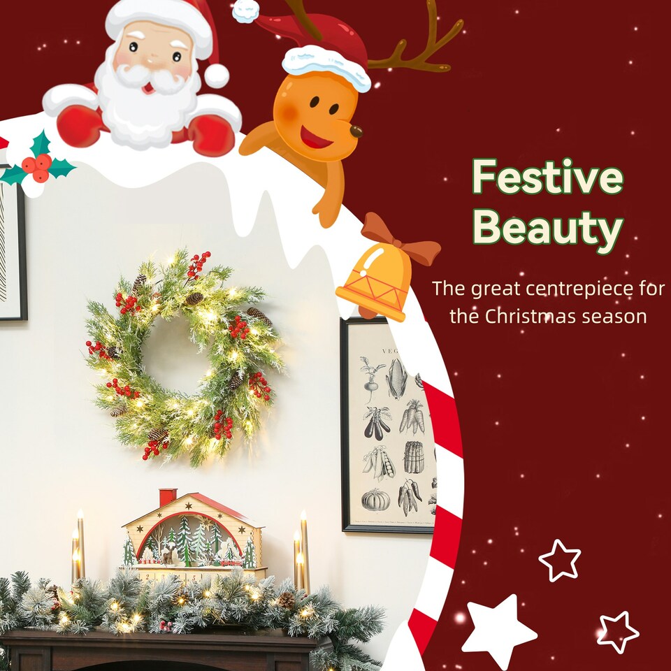 image 1 of HOMCOM 60 cm Prelit Christmas Wreath, Door Wreath with Realistic Branches