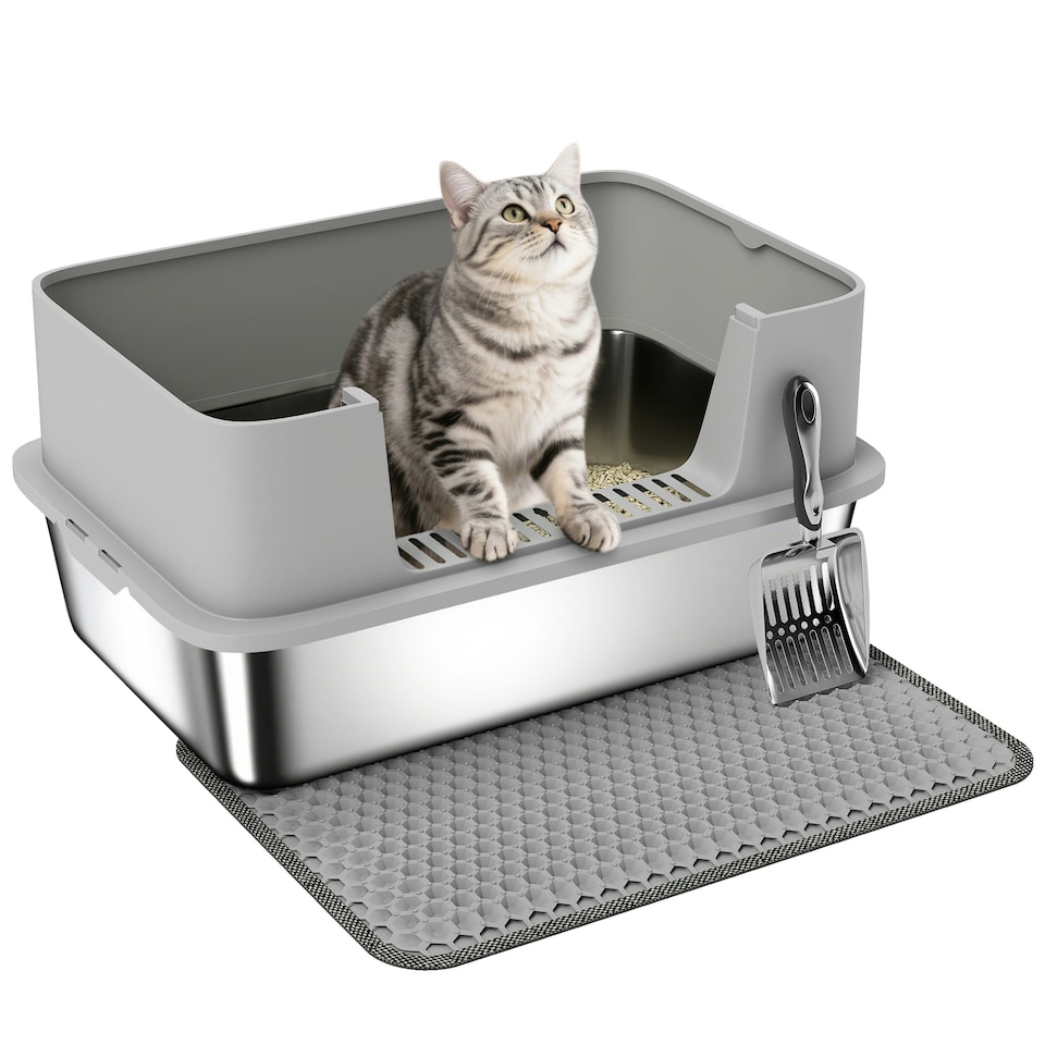 image 1 of PawHut Stainless Steel Litter Box with Scoop, High Sided Cat Litter Tray Grey | One Size
