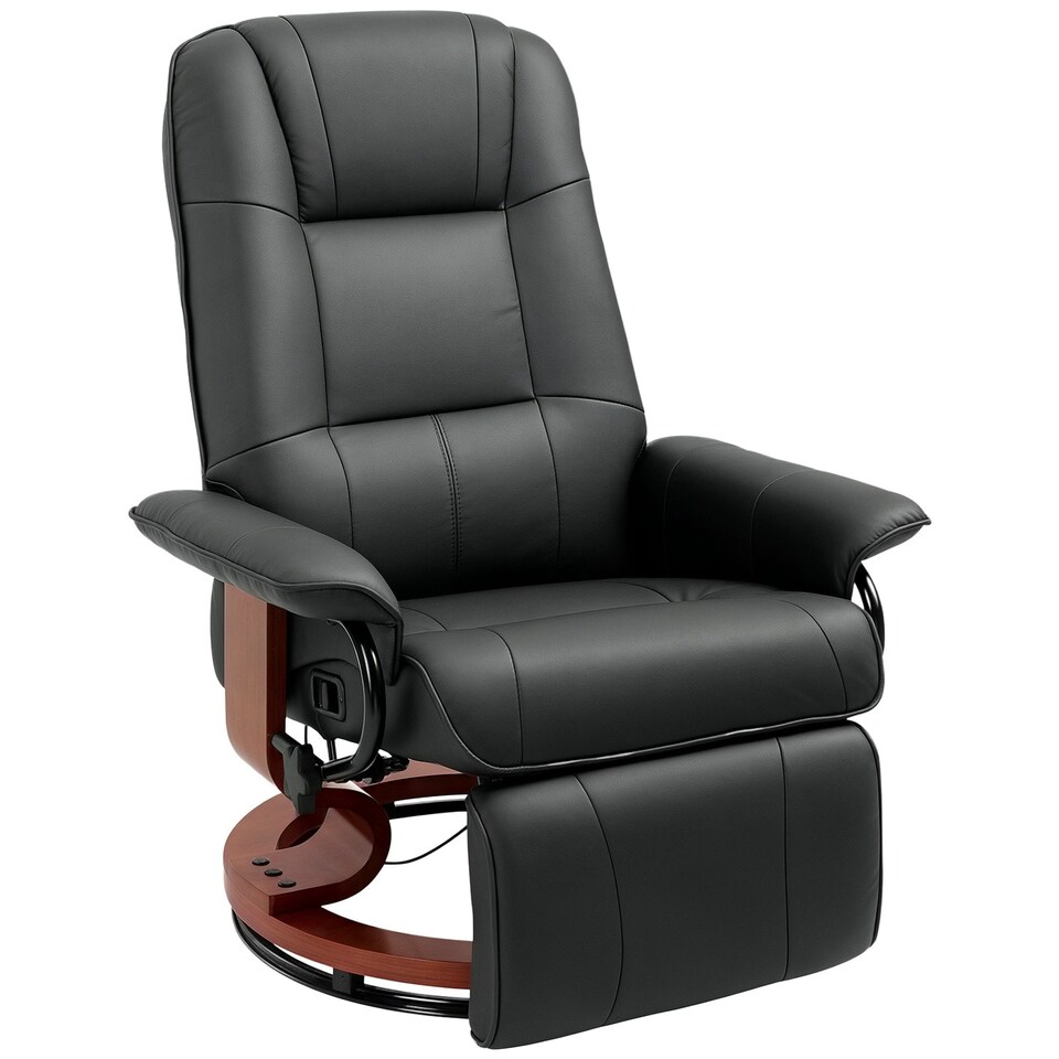 image 1 of HOMCOM 360 Swivel Recliner Chair with Footstool, Manual Recliner Armchair with Wooden Base, PU Leather Upholstered Reclining Chair for Living Room, Bedroom, Office, Black