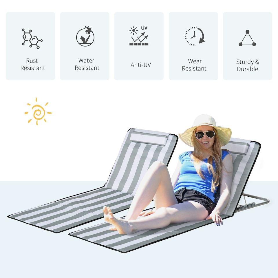 image 1 of Outsunny 2 Pieces Outdoor Beach Mat Steel Reclining Chair Set w/ Pillow Grey