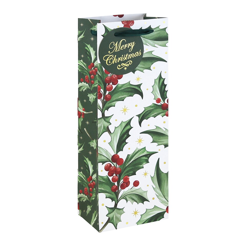 image 1 of Holly Merry Christmas White Kraft Bottle Gift Bag 35cm