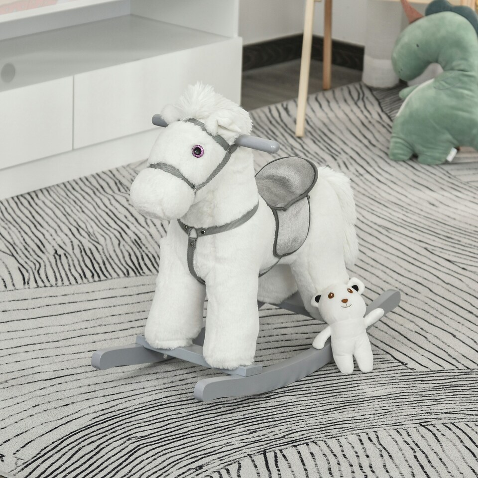 image 1 of HOMCOM Kids Plush Ride-On Rocking Horse with Plush Toy Sound Handle Grip