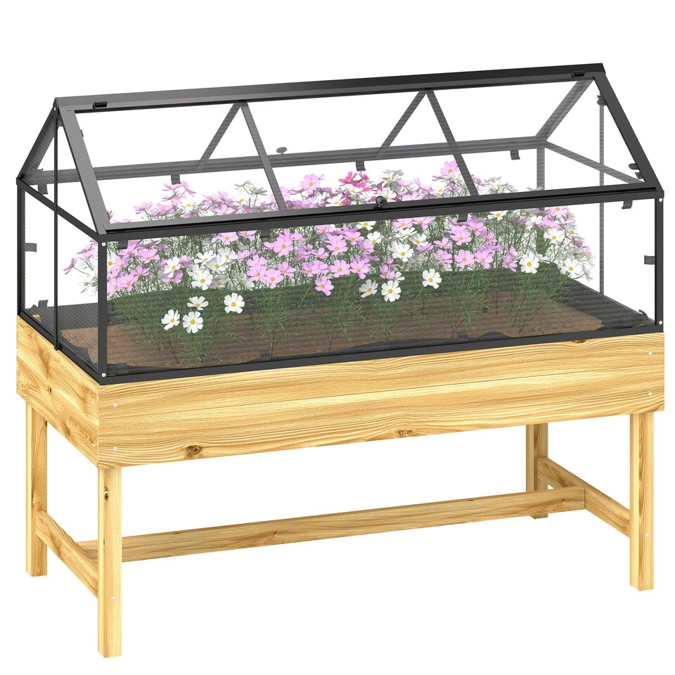 image 1 of Outsunny Raised Garden Bed with Polycarbonate Panel, Natural