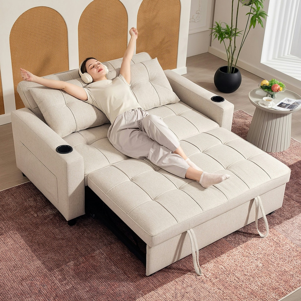 image 1 of HOMCOM 2 Seater Pull Out Sofa Bed with Pockets for Living Room Beige