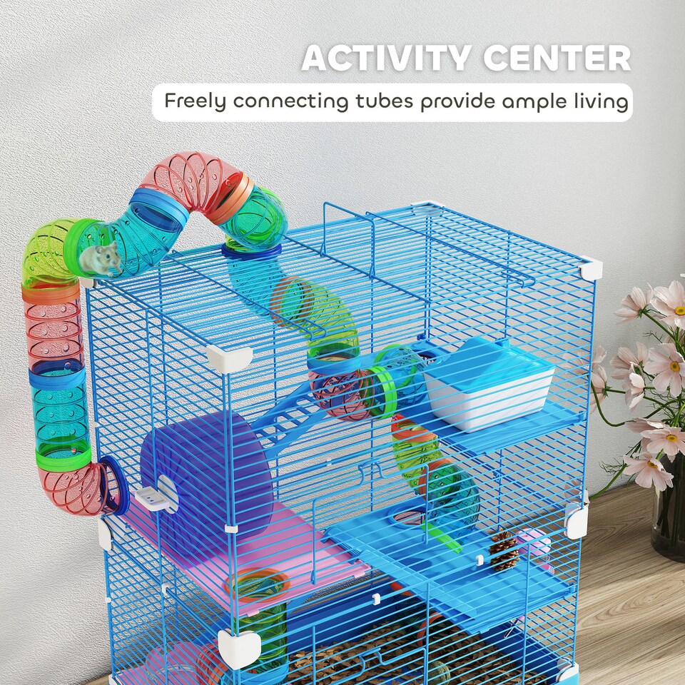 image 1 of Pawhut 5 Tier Hamster Cage, Gerbil Cage with Tube Exercise Wheels, Tunnel, Water Bottle, Dishes, Blue, 58H x 46L x 30Wcm