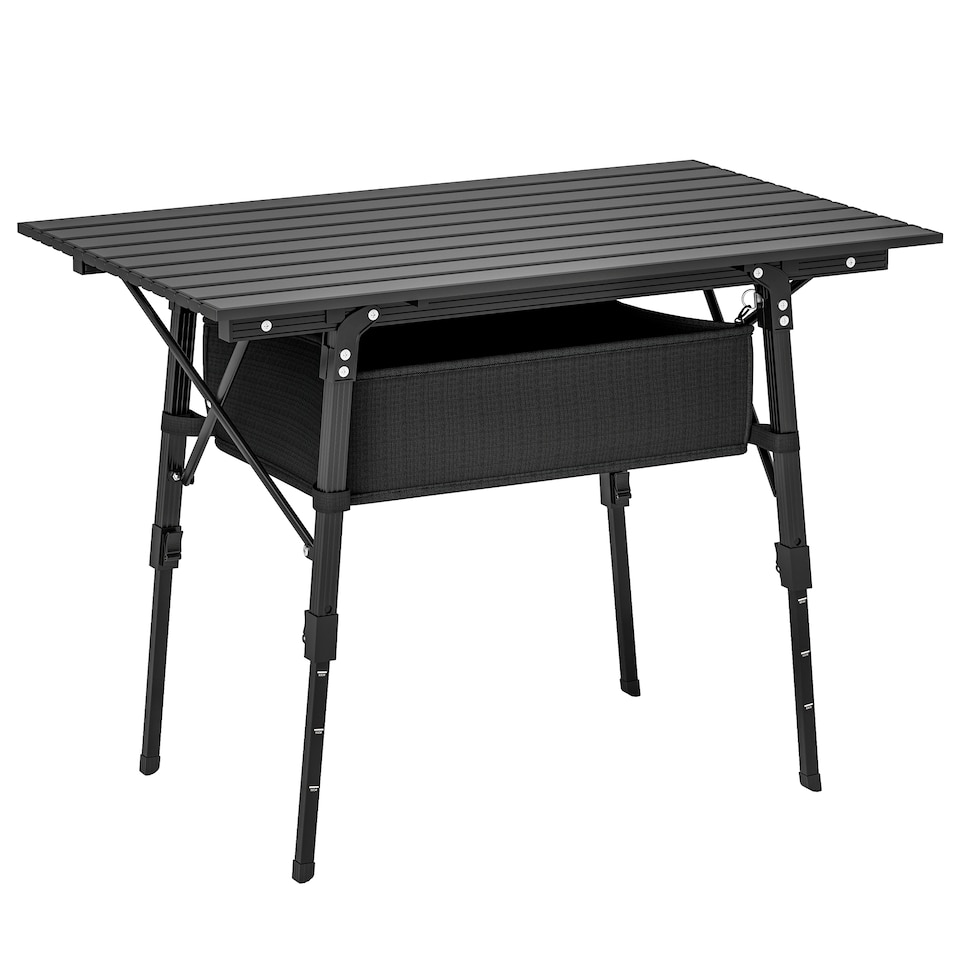 image 1 of Outsunny Folding Camping Table, 90 x 55 cm Height Adjustable Portable Collapsible Table, 3ft Lightweight Aluminium Rollup Picnic Table with Storage Basket for Outdoor Garden Party BBQ, Black | Black | Black | 90L x 55W x 66H cm