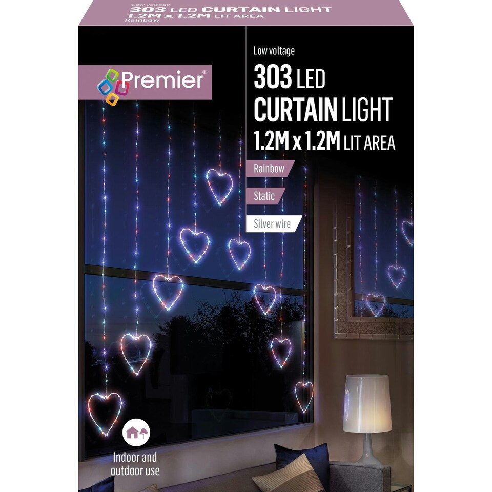 Premier Curtain Light Hearts 303 LED Lights 1.2m X 1.2m - Rainbow N/A