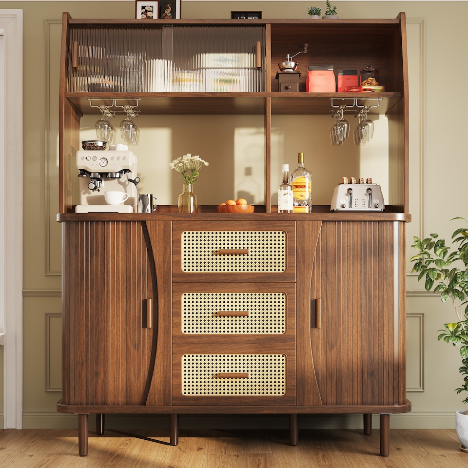 image 1 of VILUXE Tall Kitchen Storage Cabinet with Rattan-Effect Drawers and Glass Sliding Doors, 140 cm, Walnut