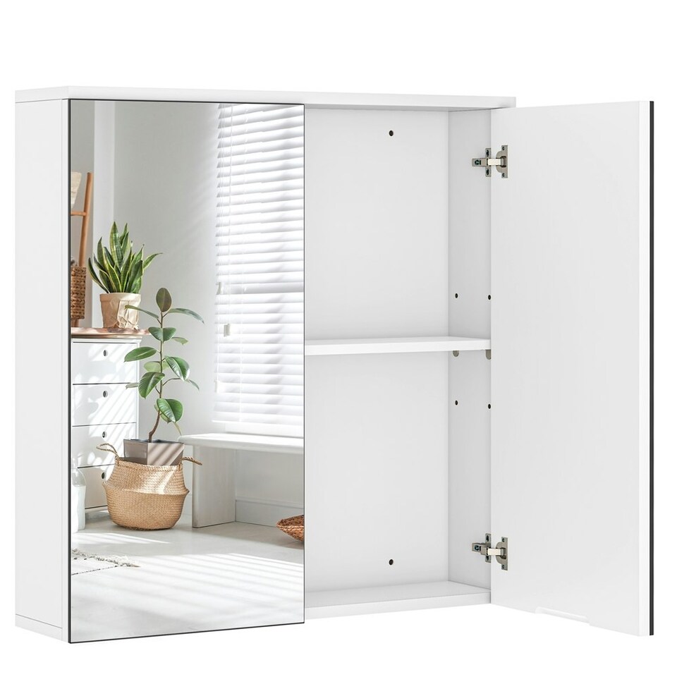 image 1 of Yaheetech 2-Tier Wall-Mounted Storage Cabinet with Double Mirrored Doors White | White