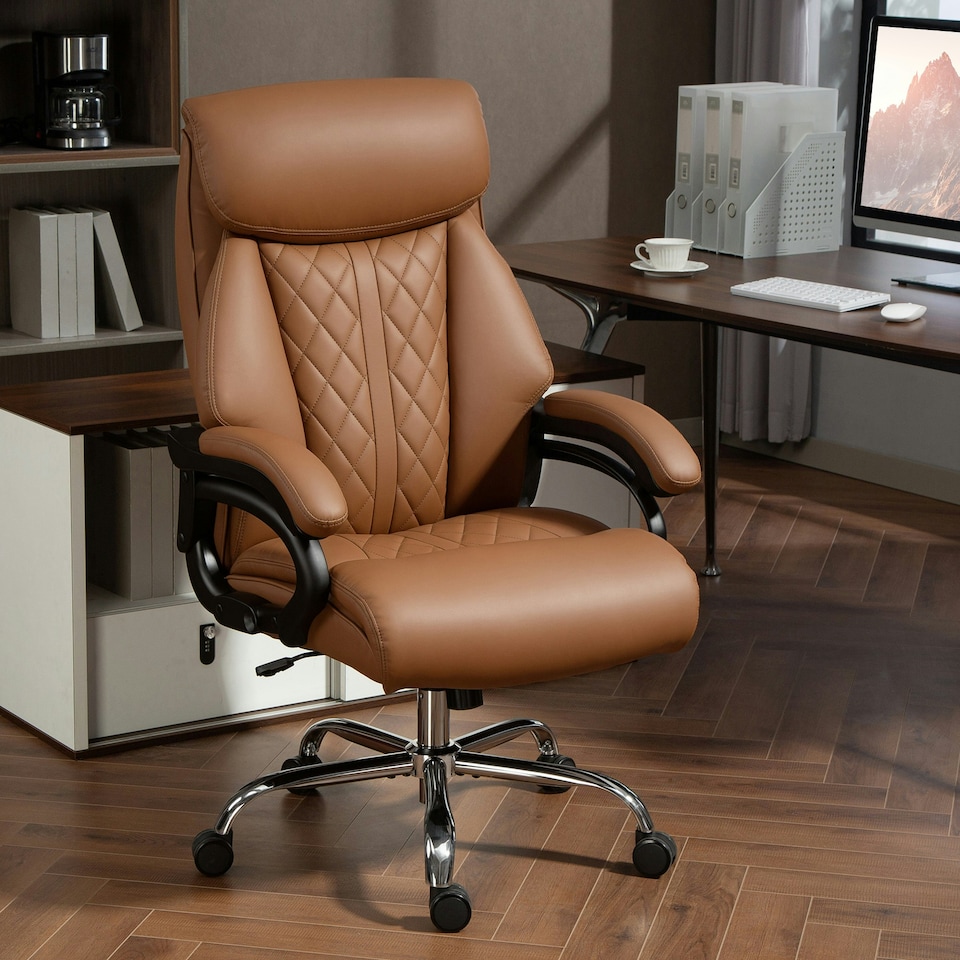 image 1 of HOMCOM PU Leather Office Chair with Spring Padding, Swivel Wheels, Brown Brown | Light Brown