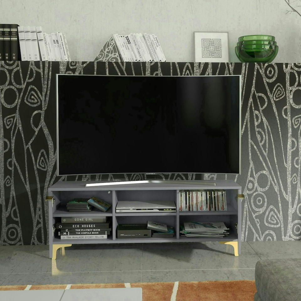 image 1 of Bold TV unit 120cm grey ribbed fronts gold accents Grey
