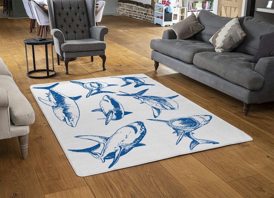 image 1 of Graphical set of blue sharks isolated on white background (Rug)