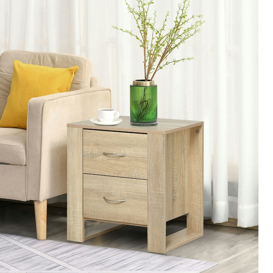 image 1 of HOMCOM 2 Drawer Boxy Bedside Table w/ Handles Elevated Base Oak Brown