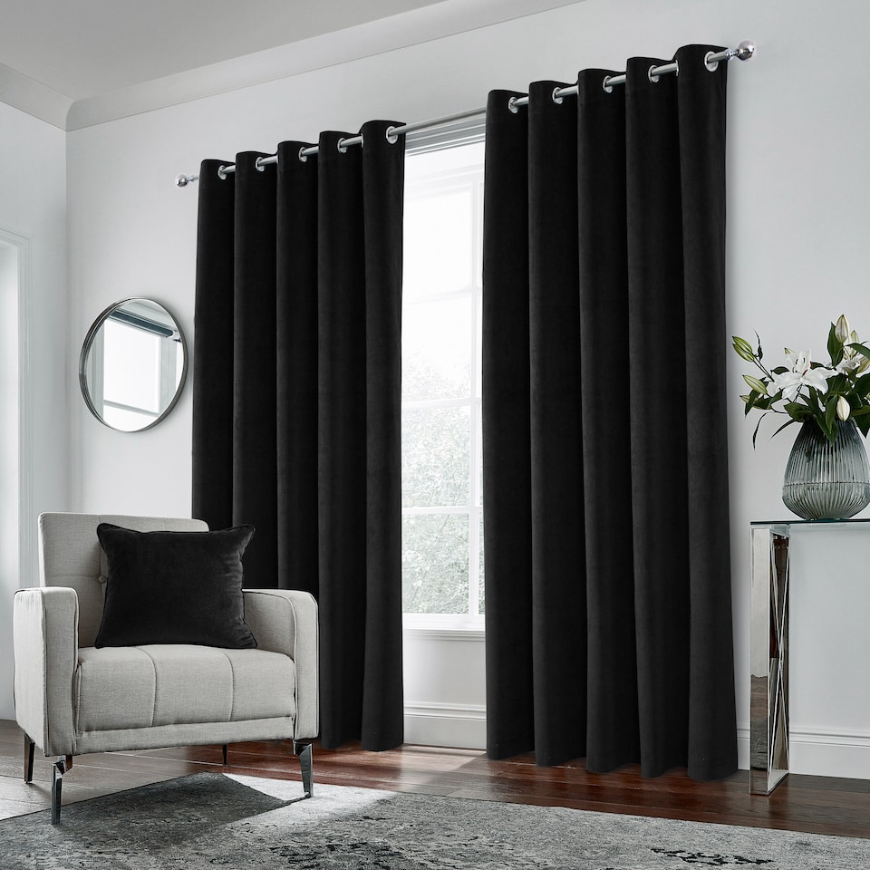 image 1 of Luxury Enhanced Living Black Velvet, Supersoft, 100% Blackout, Thermal Pair of Curtains with Eyelet Top - 90x108 inch (229x274cm)