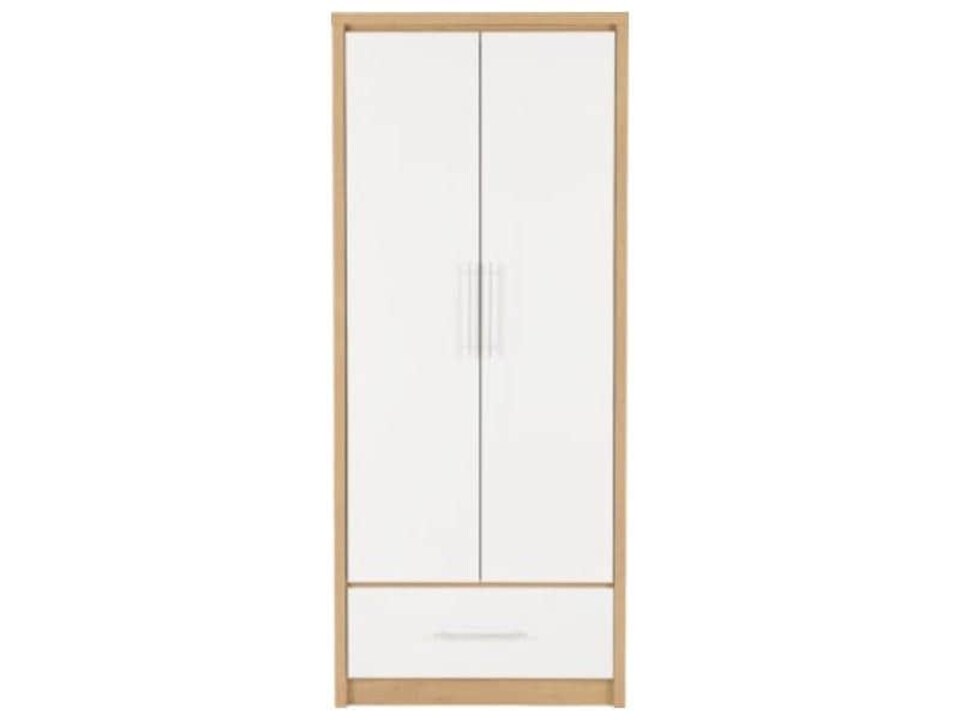 image 1 of Seville 2 Door 1 Drawer Wardrobe - L47 x W76 x H180 cm - White High Gloss/Light Oak Effect Veneer | White