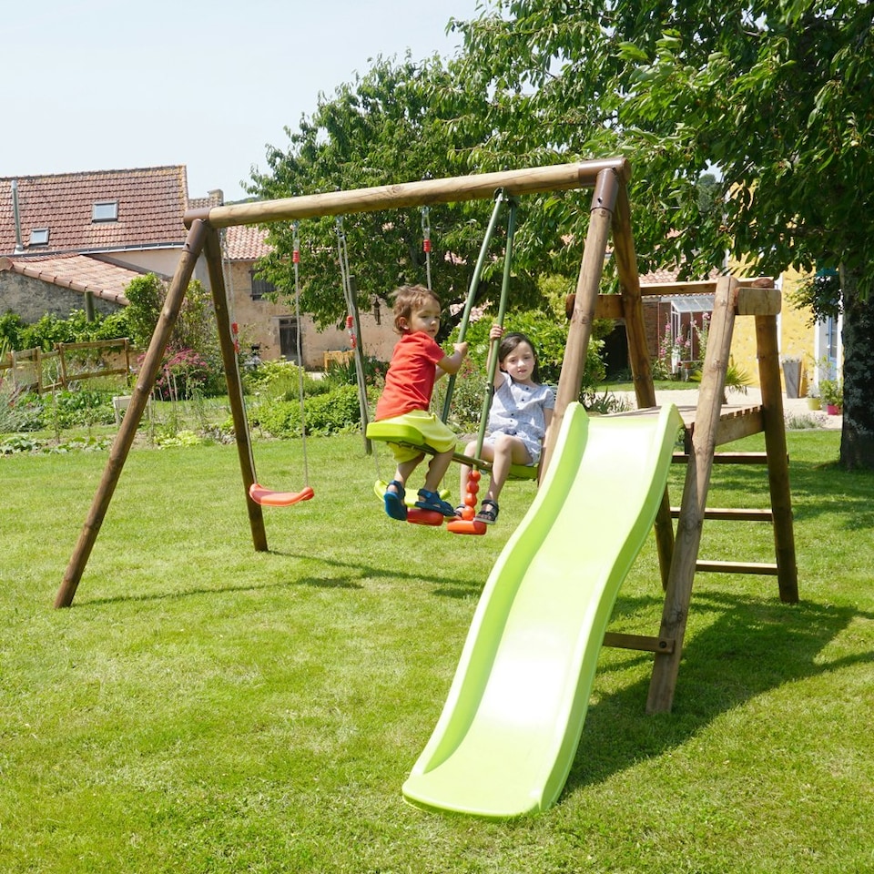 image 1 of Figue Wooden Swing Set with Slide