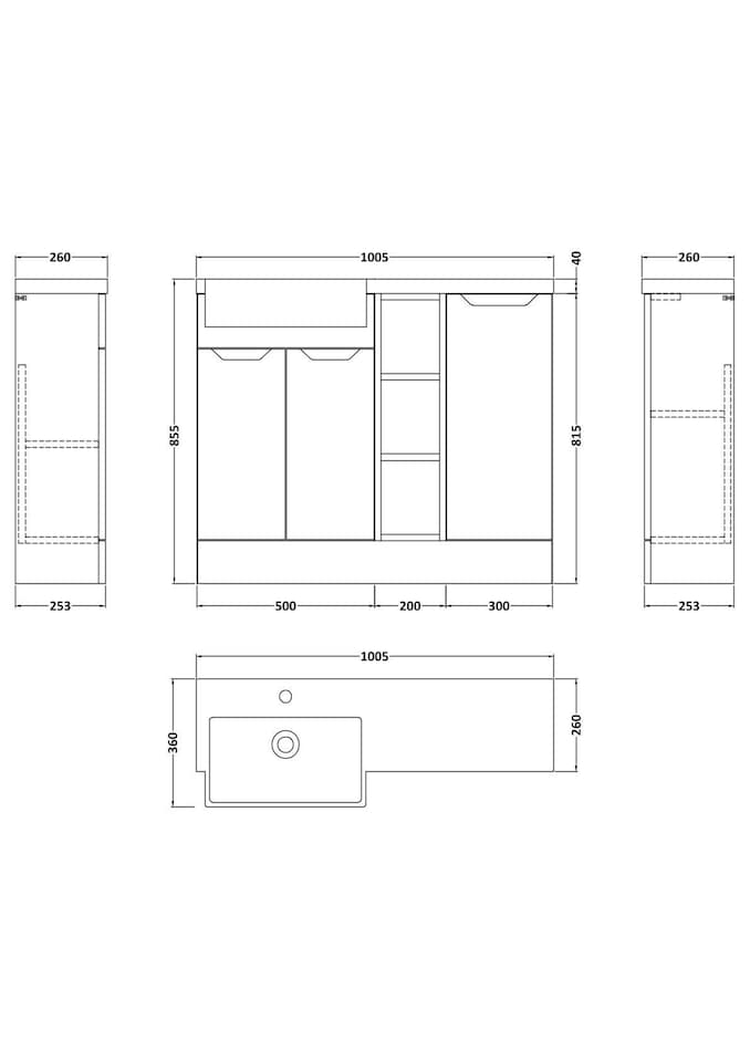 image 1 of Balterley Teddesley Floor Standing Compact 3 Door Combination Vanity Basin Unit with Open Shelves and Basin, 1000mm, Left Hand, Autumn Oak