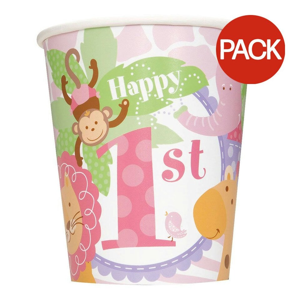 image 1 of Unique Party Safari 1st Birthday Party Cup (Pack of 8) - Pastel/Pink - One Size