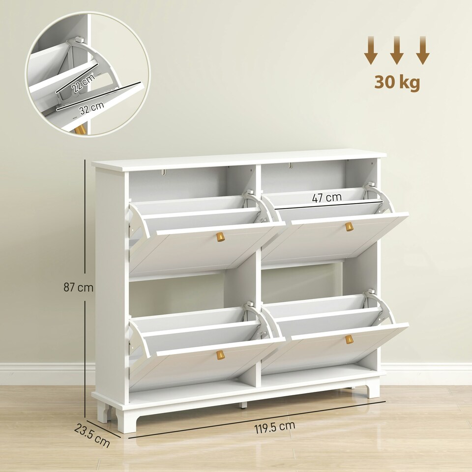 image 1 of HOMCOM Narrow Shoe Cabinet with 4 Flip Drawers Adjustable Shelves White | Gold | 119.5W x 23.5D x 87H cm