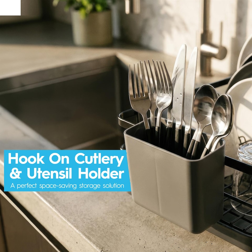 image 1 of Harbour Housewares Metal Kitchen Dish Drainer Rack Cutlery Holder Bowl Plate Drying Rack with Drip Tray