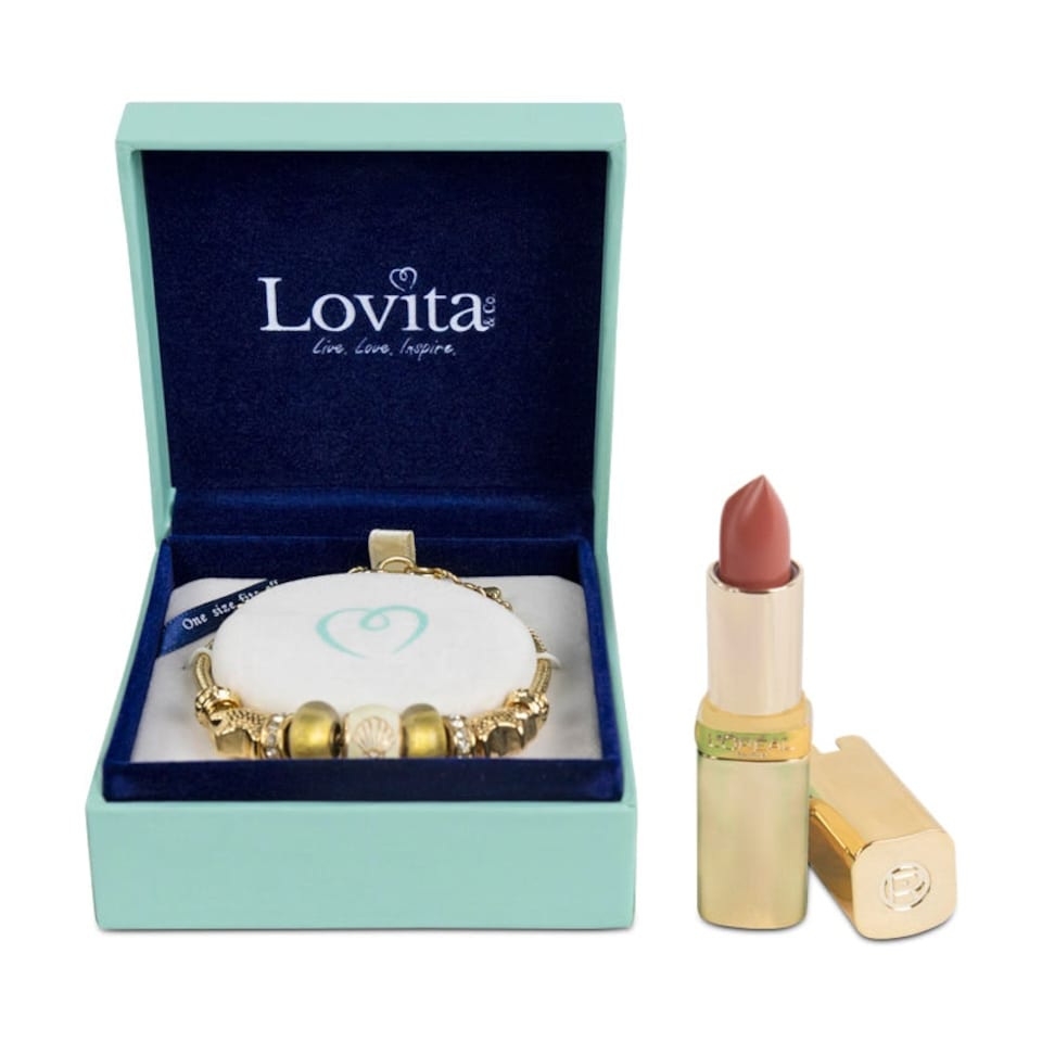 image 1 of Charm Bracelet & L'Oreal Nude Lipstick Gift Bag Stocking Filler Pink