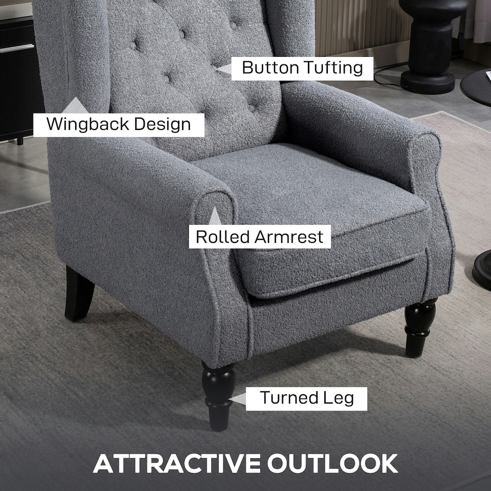 image 1 of HOMCOM Accent Armchair Home Furniture Retro Tufted Club Fabric Grey Grey