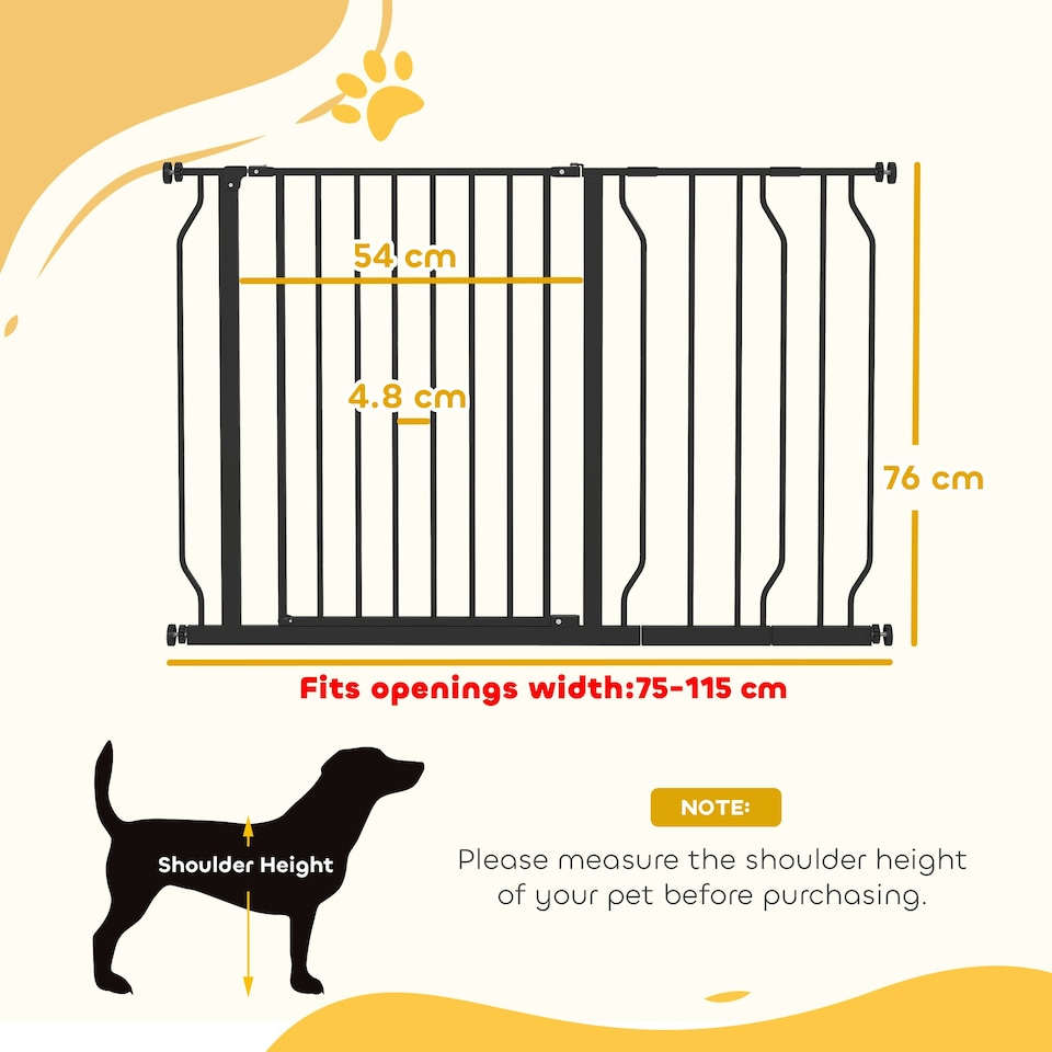 image 1 of PawHut Dog Gate Wide Stair Gate w/ Door Pressure Fit, 75-115W cm, Black