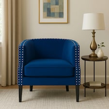Interiors by Premier Blue Velvet Studded Chair, Easy to Clean Leather Armchair, Body Supportive Accent Chair
