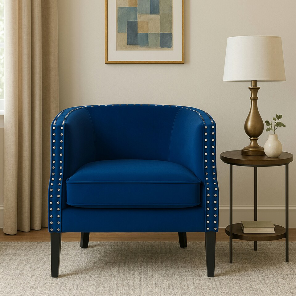 image 1 of Interiors by Premier Blue Velvet Studded Chair, Easy to Clean Leather Armchair, Body Supportive Accent Chair
