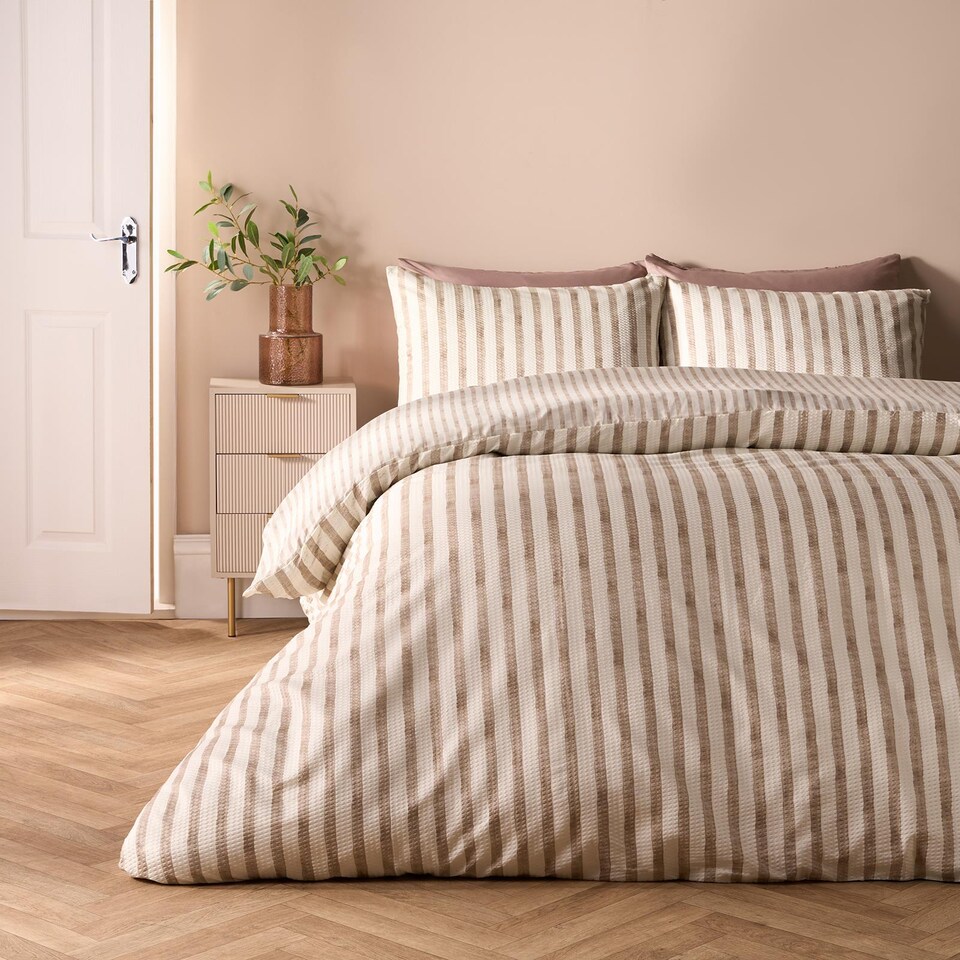 image 1 of OHS Watercolour Stripe Embossed Bedding Set Duvet Cover with Pillowcase | Brown | Stone | Super King