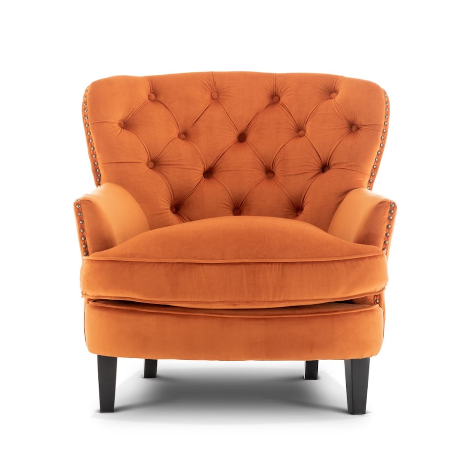 image 1 of Velvet Orange Buttoned Ava Accent Chair