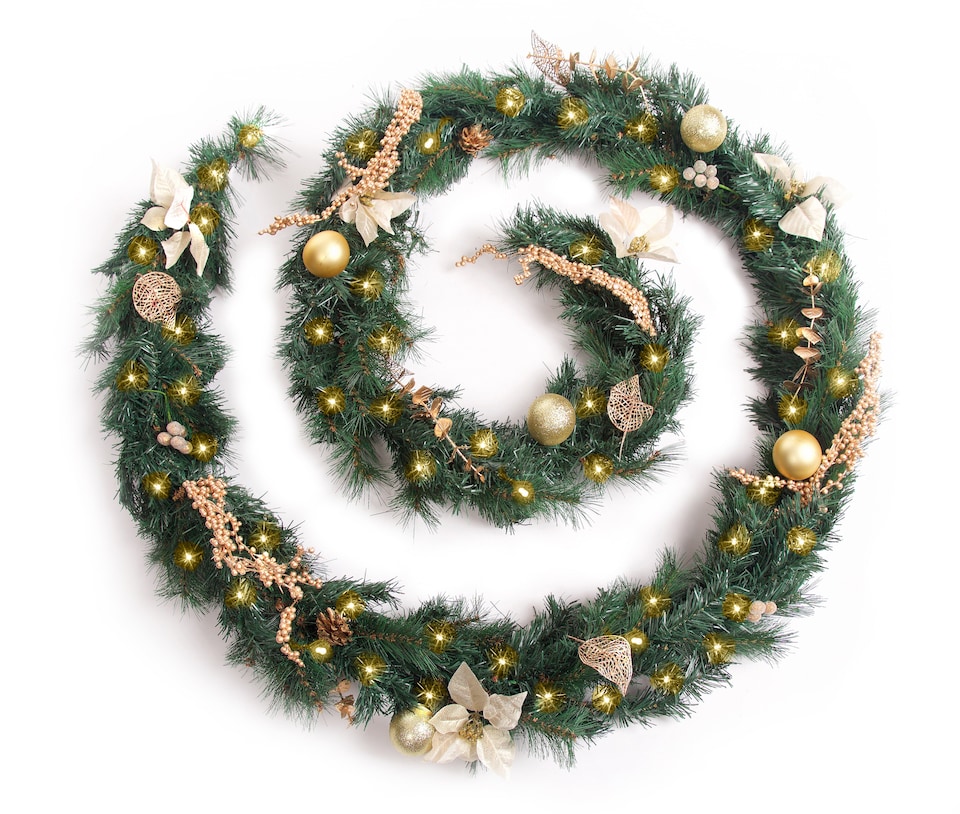 image 1 of Best Artificial Christmas 12ft Gold Decorated Garland with 100 Warm White battery lights
